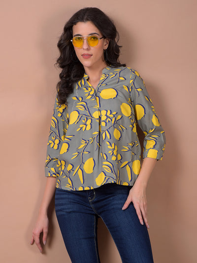 Yellow Floral Print V-Neck Top