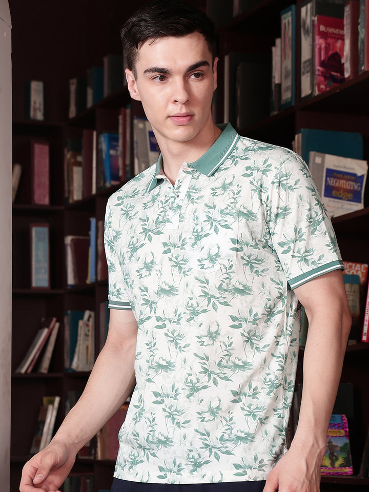 Green Floral Print Polo Neck T-Shirt