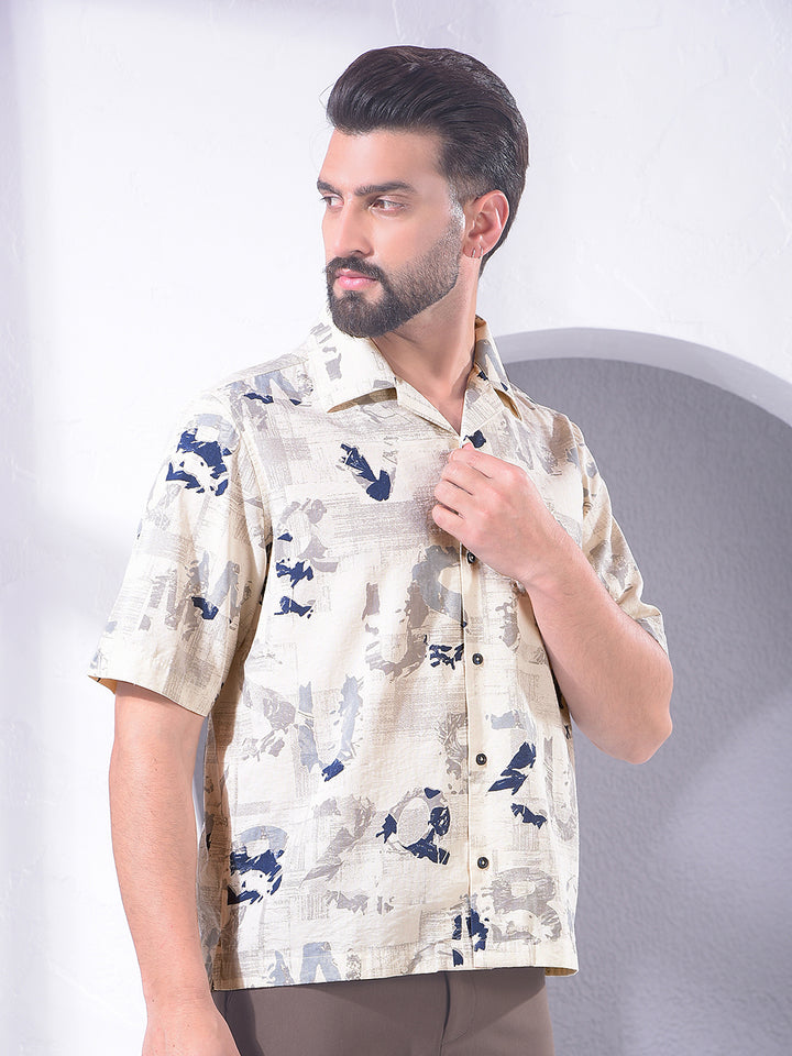 Blue Typographic Print Resort-Collar Linen Shirt