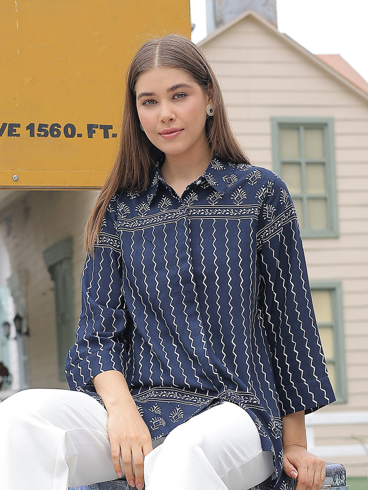 Navy Blue Motifs Print Shirt