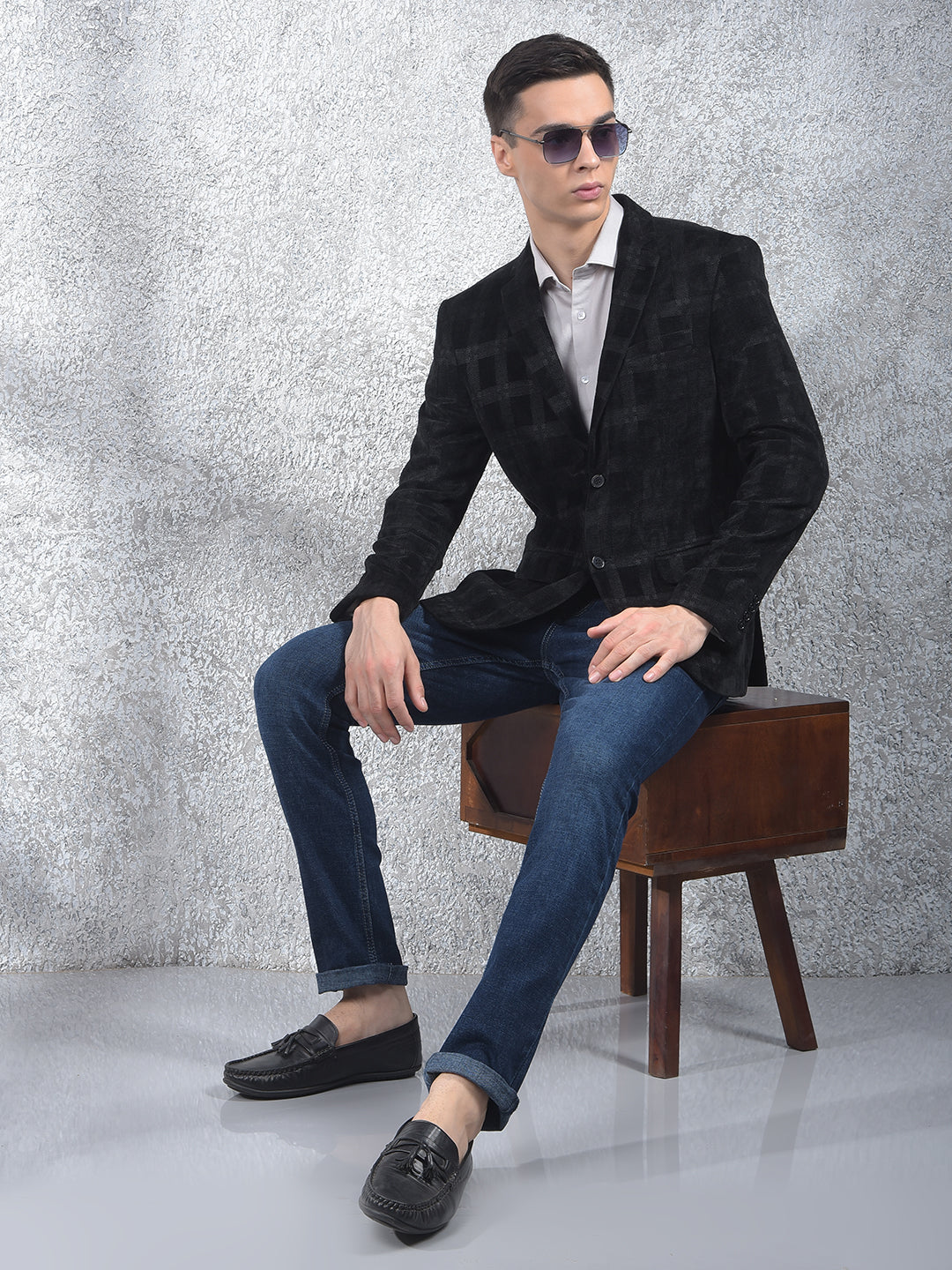 Black Checked Notched Lapel Single Breasted Blazer