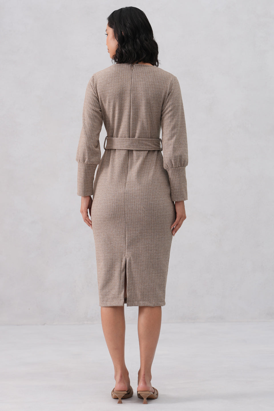 Beige Vertical Stripes Winter Bodycon Belted-Dress