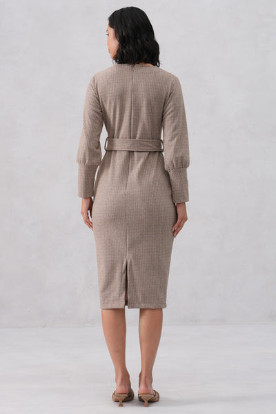 Beige Vertical Stripes Winter Bodycon Belted-Dress