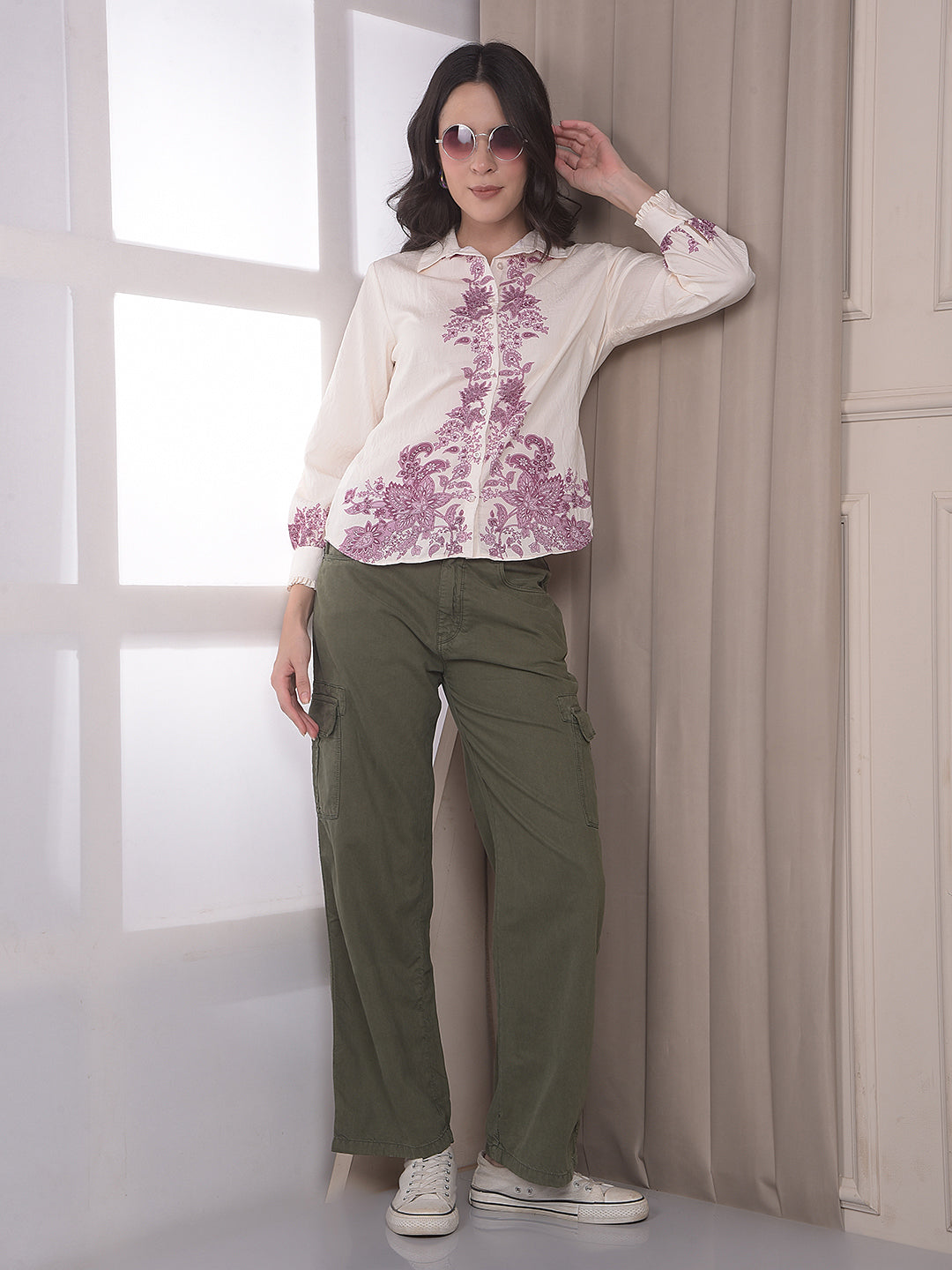Women's Olive 100% Cotton Cargo Jeans-Women Jeans-Crimsoune Club