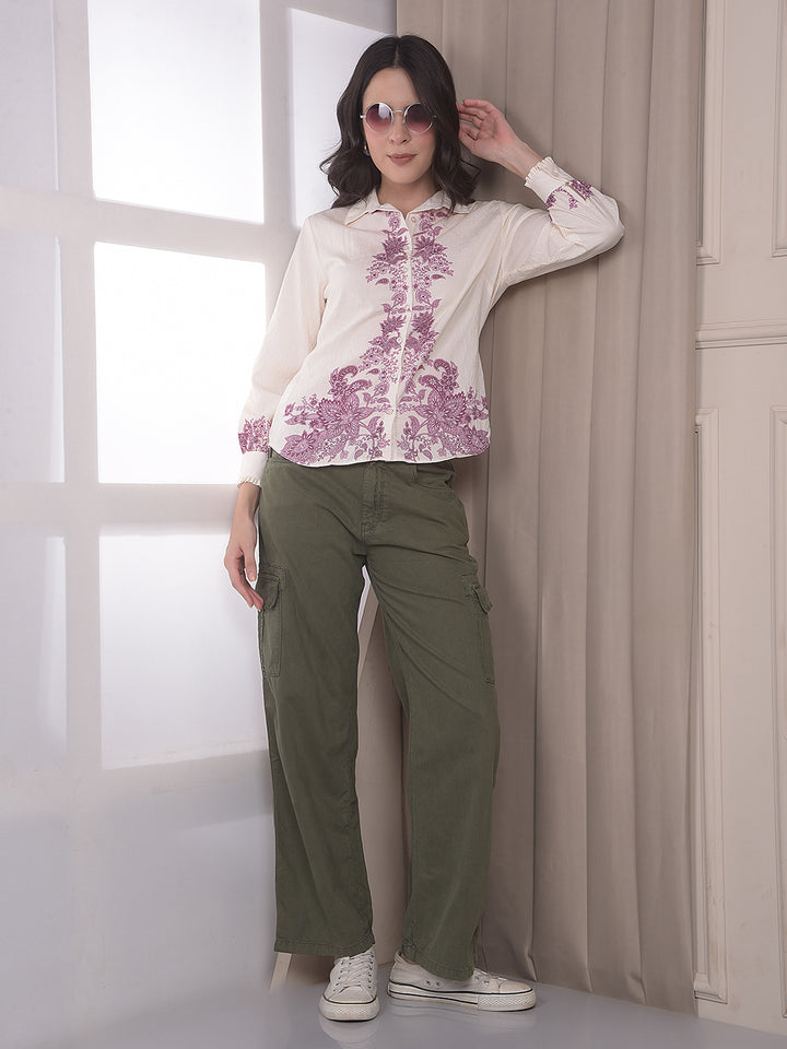 Women's Olive 100% Cotton Cargo Jeans-Women Jeans-Crimsoune Club