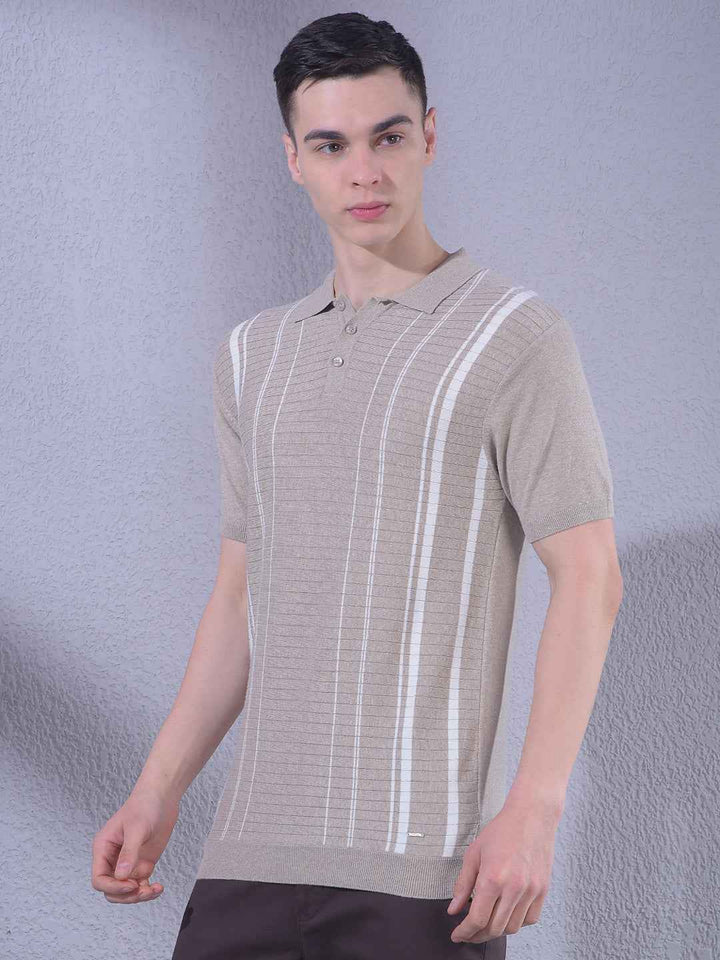 Beige Vertical Stripes T-Shirt