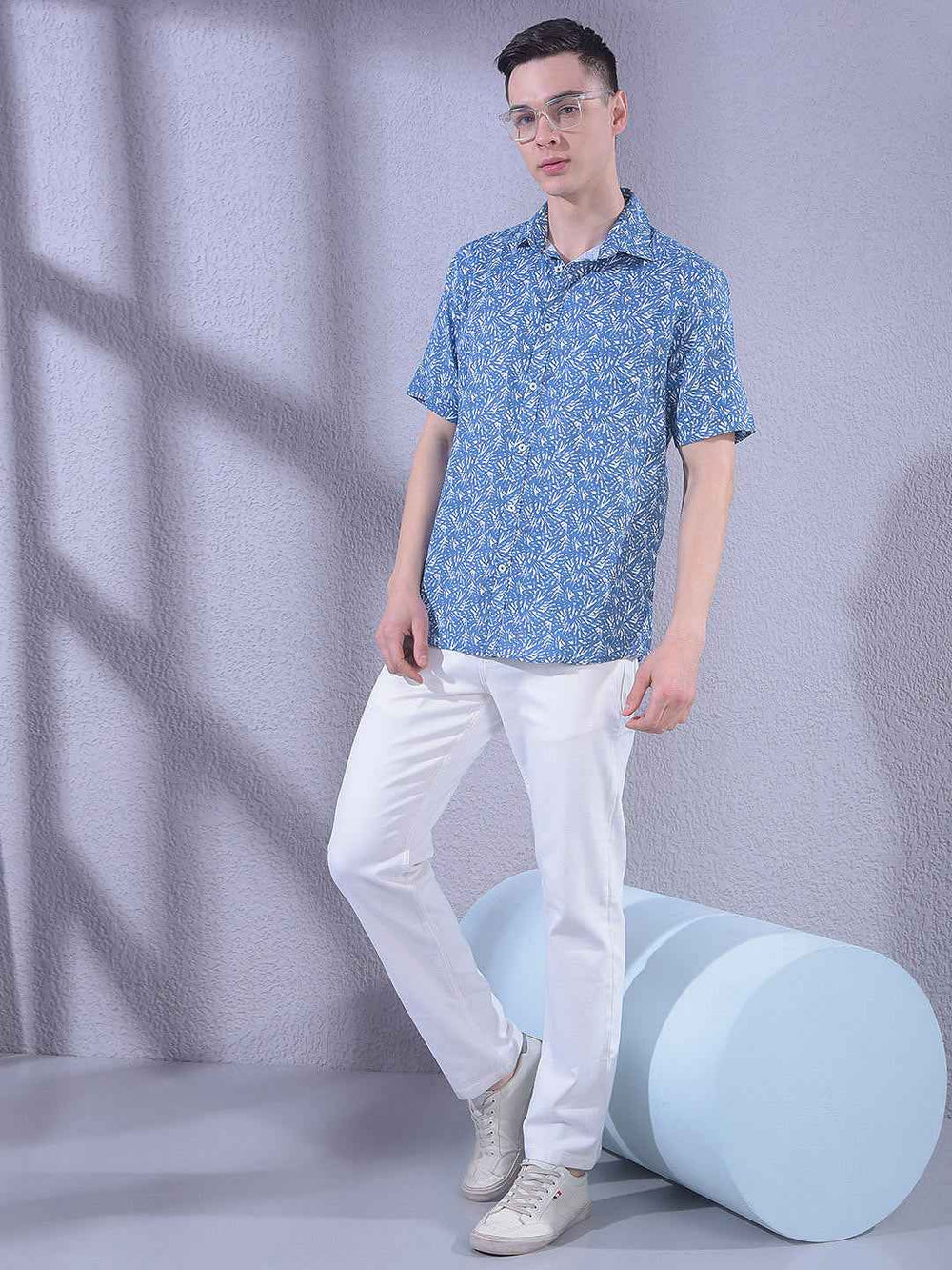 Blue 100% Cotton Floral Print Shirt