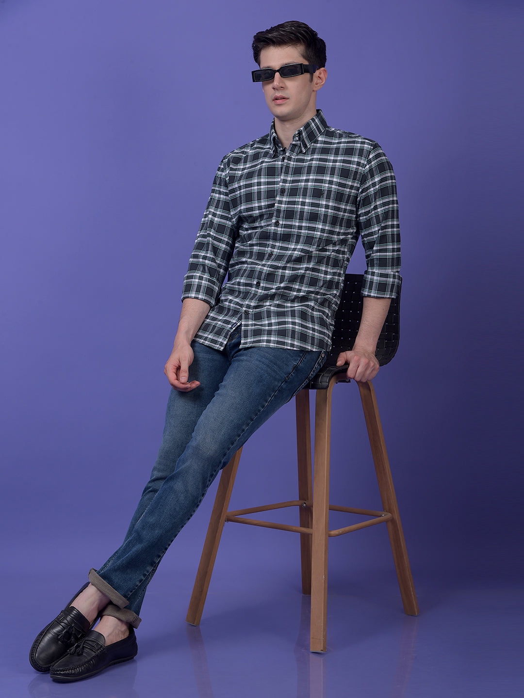 Green Checked Button-Down Collar 100% Cotton Shirt