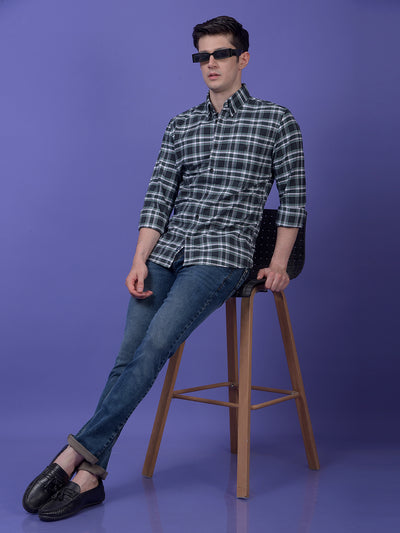 Green Checked Button-Down Collar 100% Cotton Shirt