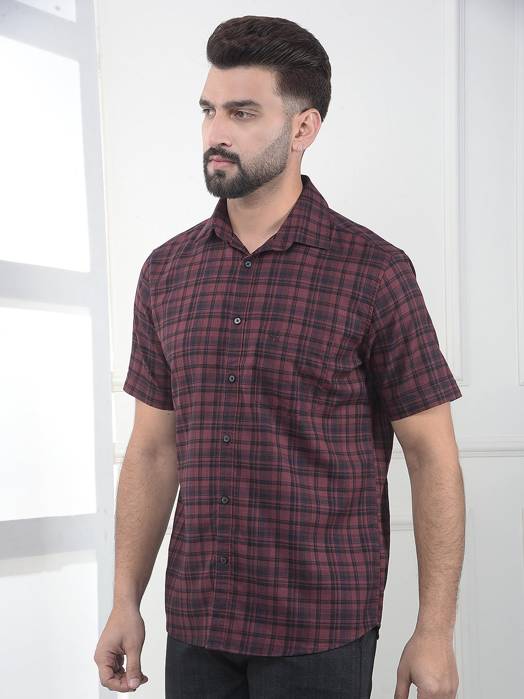 Taupe Maroon Checked 100% Cotton Shirt