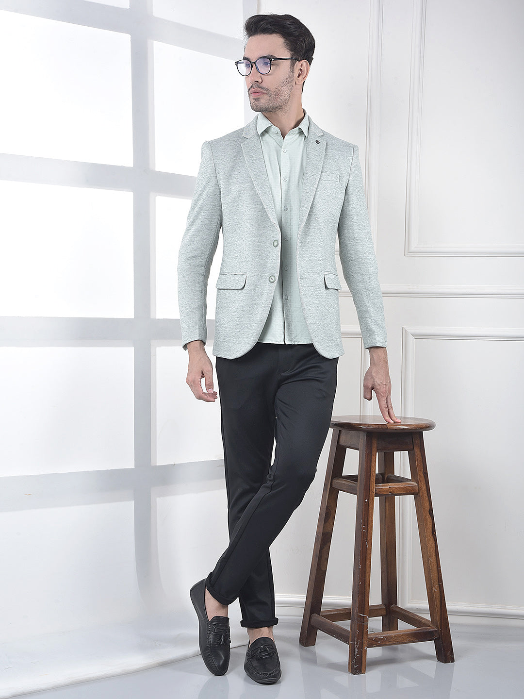 Green Notched Lapel Single-Breasted Blazer