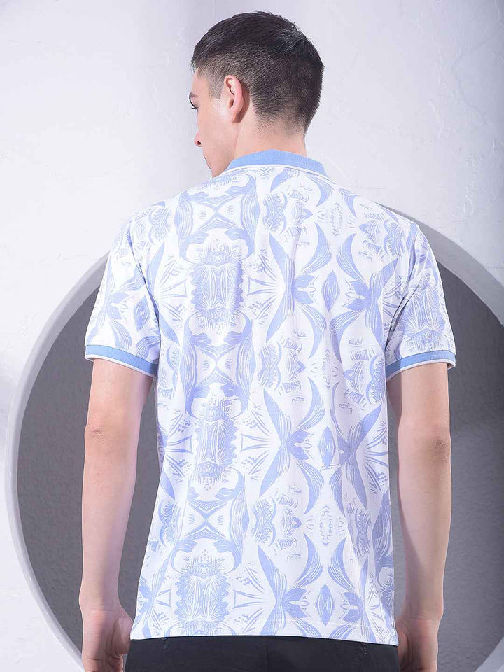 Blue Printed Polo Neck T-Shirt