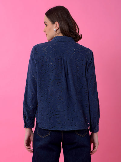 Navy Blue Embroidered 100% Cotton Semi-Sheer Shirt