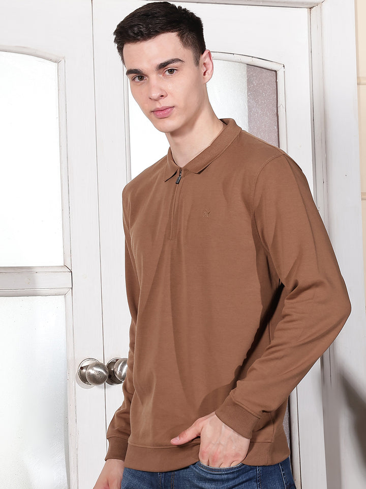 Brown Polo Neck Front Open Sweatshirt