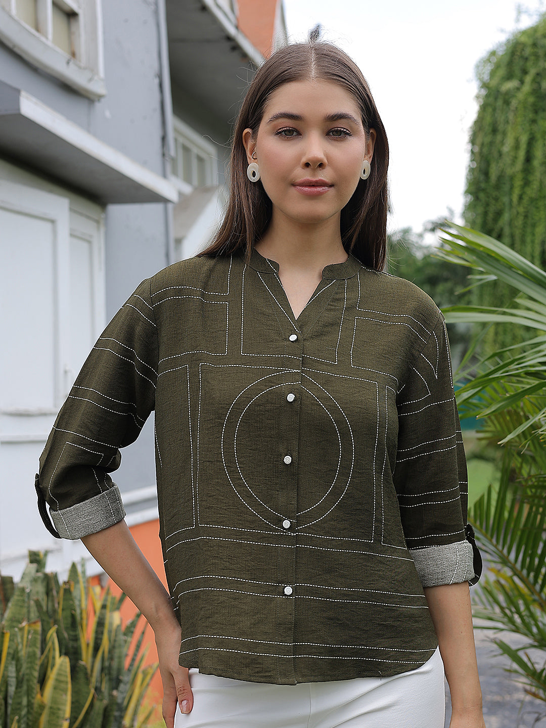 Olive Graphic Print V-Neck Shirt