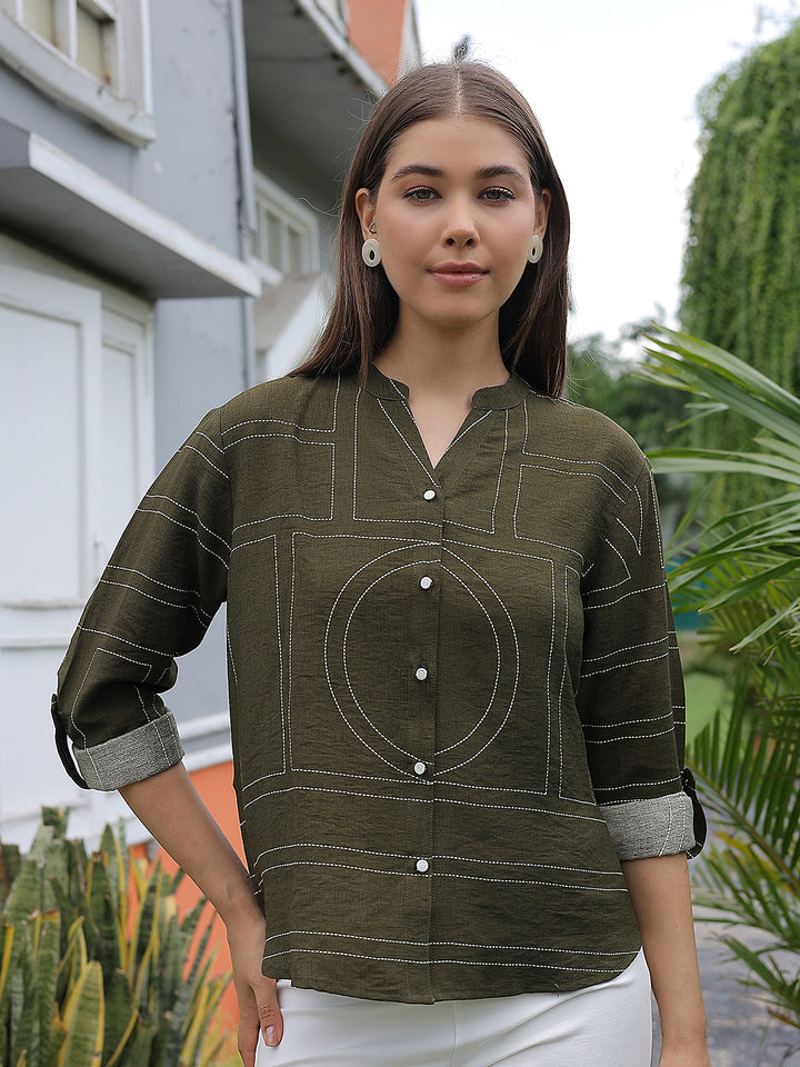 Olive Graphic Print V-Neck Shirt