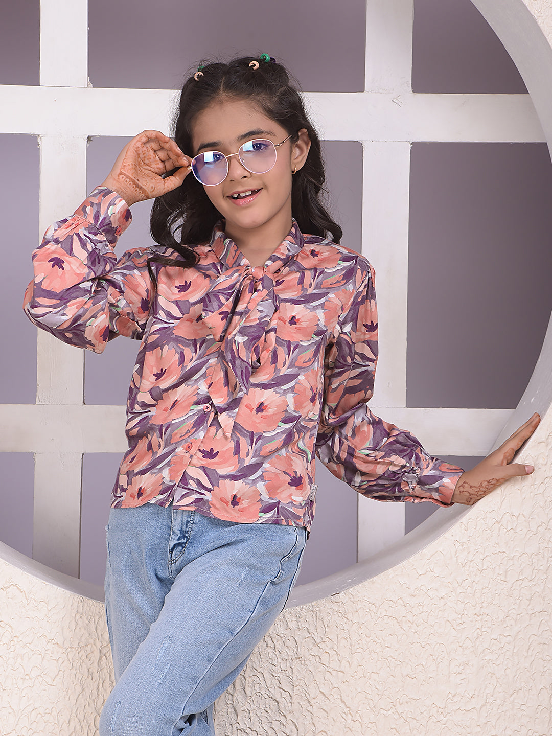 Peach Floral Print Tie-Up Neck Shirt