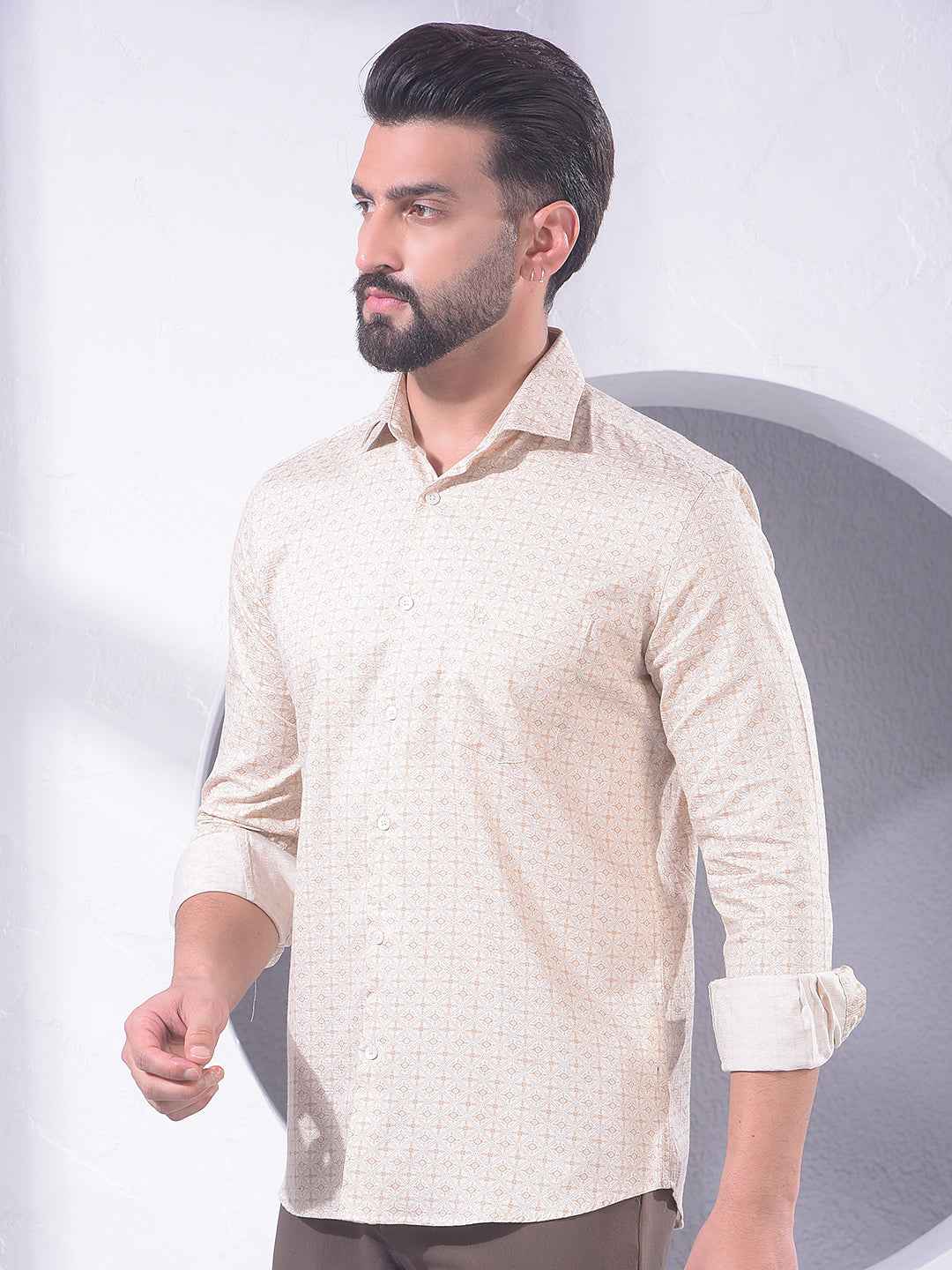 Beige Geometric Print 100% Cotton Shirt