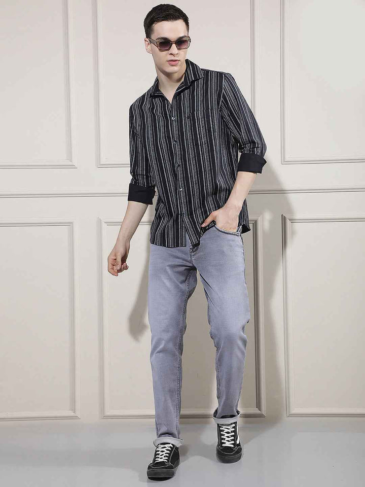 Navy Blue Vertical Striped Shirt