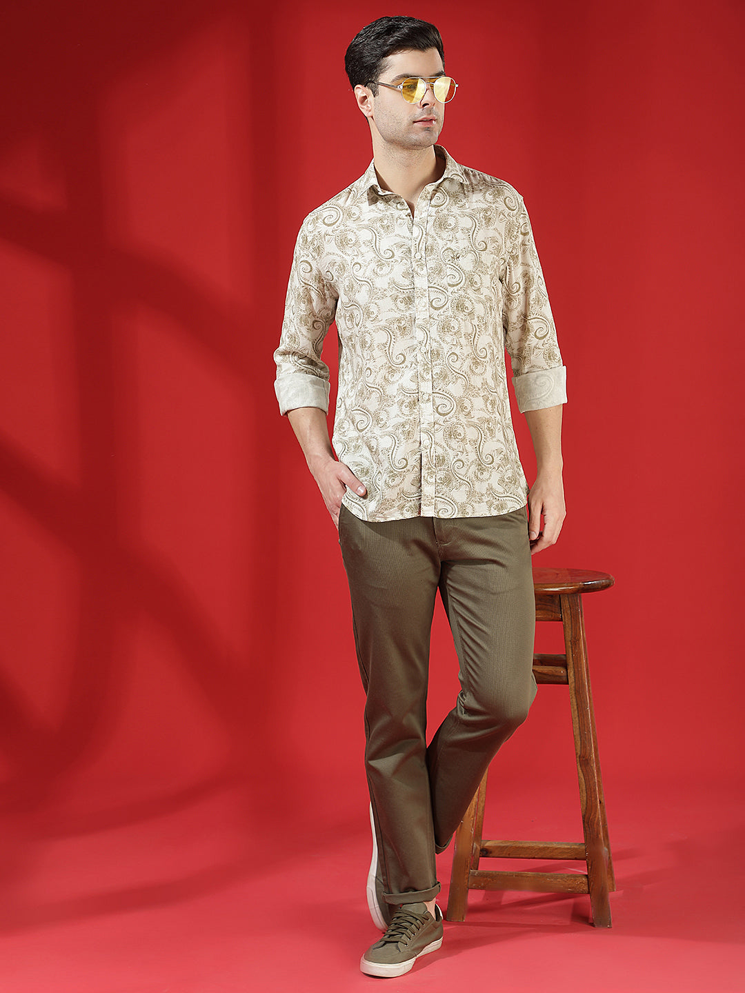 Olive Floral Print Linen Kurta