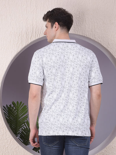 White Printed Polo-Neck T-Shirt