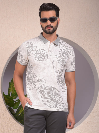Grey Floral Print Polo Neck T-Shirt