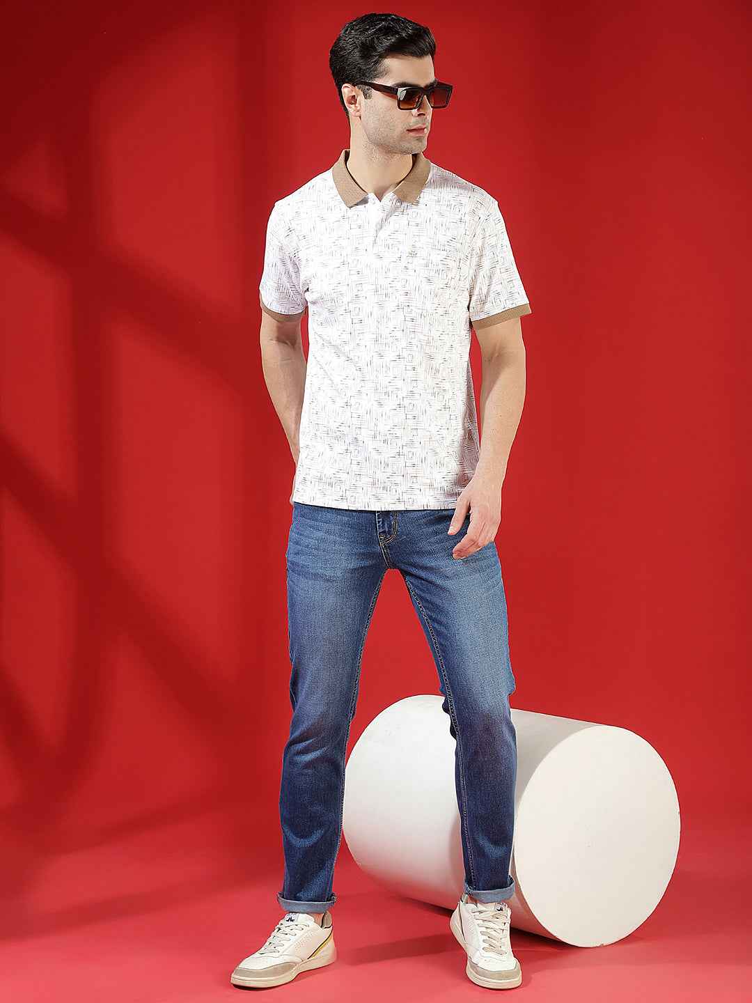 Brown Printed Polo Neck 100% Cotton T-Shirt