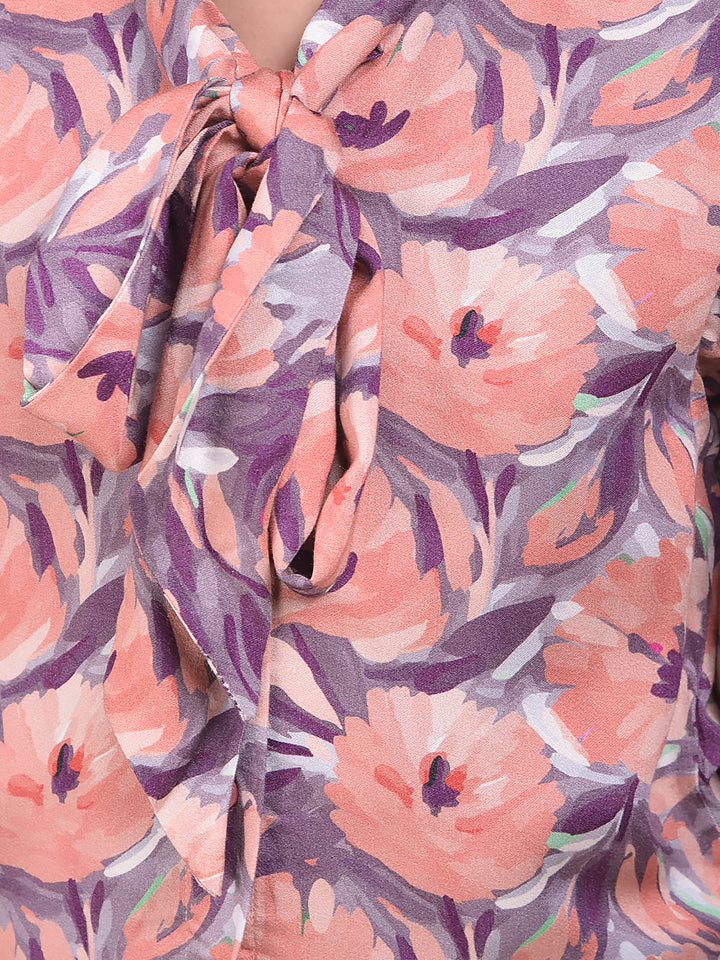 Peach Floral Print Tie-Up Neck Shirt