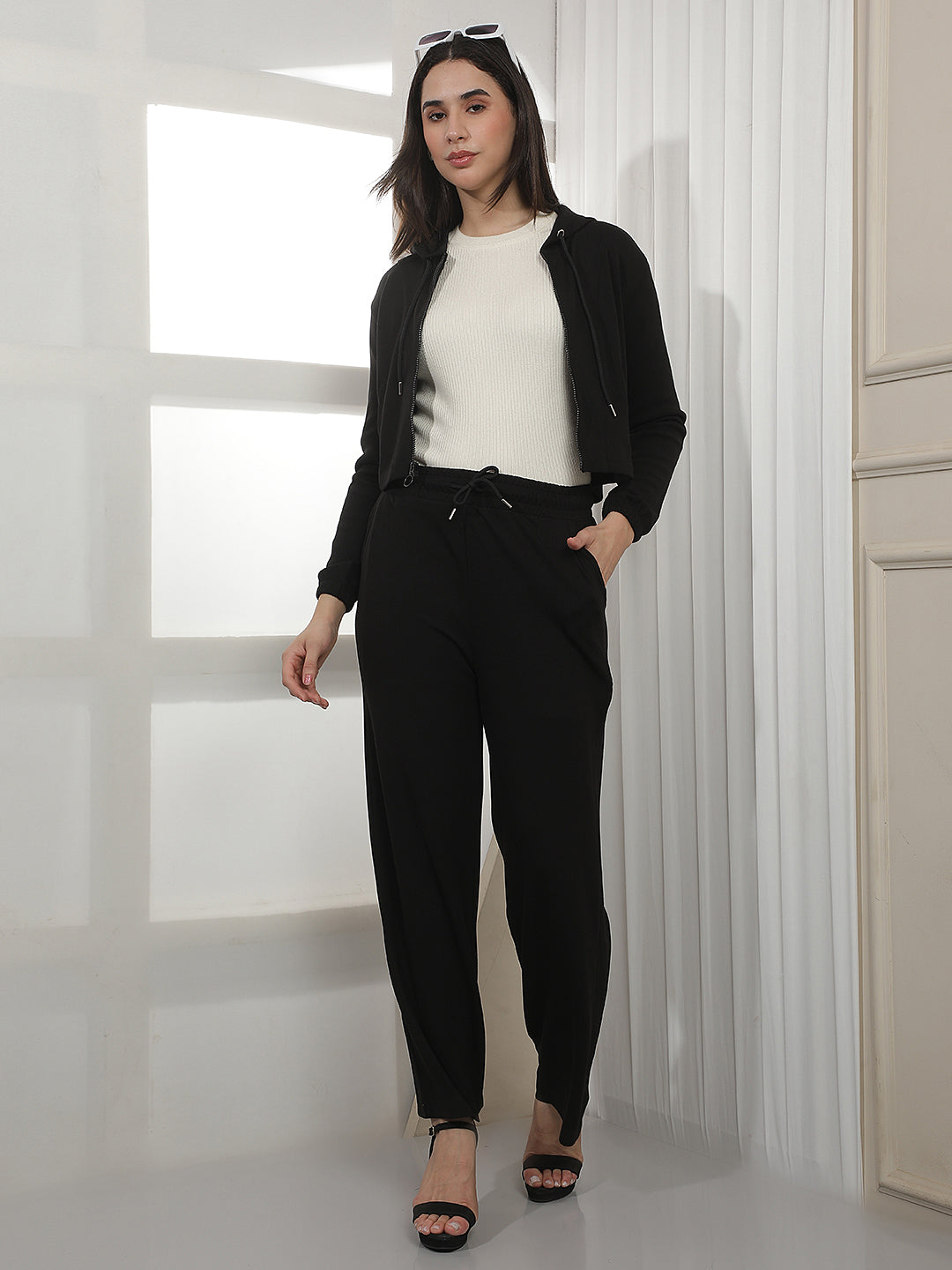 Black Hooded Cropped Front-Open Sweatshirt