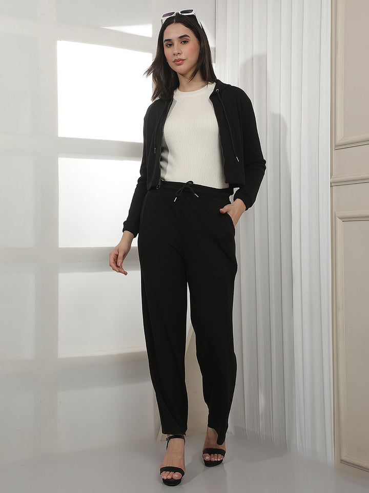 Black Hooded Cropped Front-Open Sweatshirt