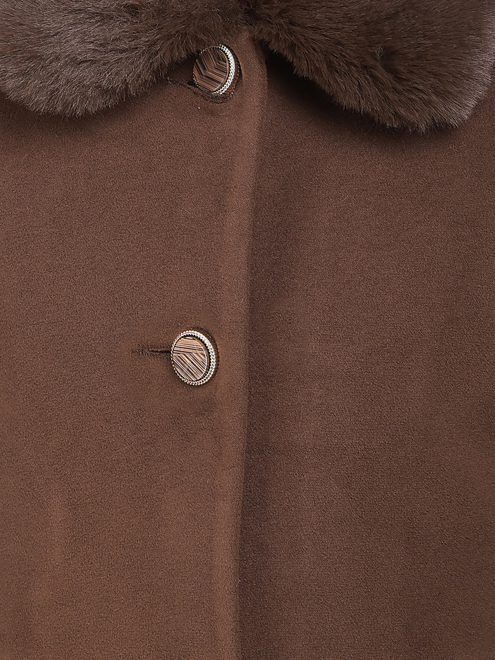 Brown Single-Breasted Coat with Fur Collar