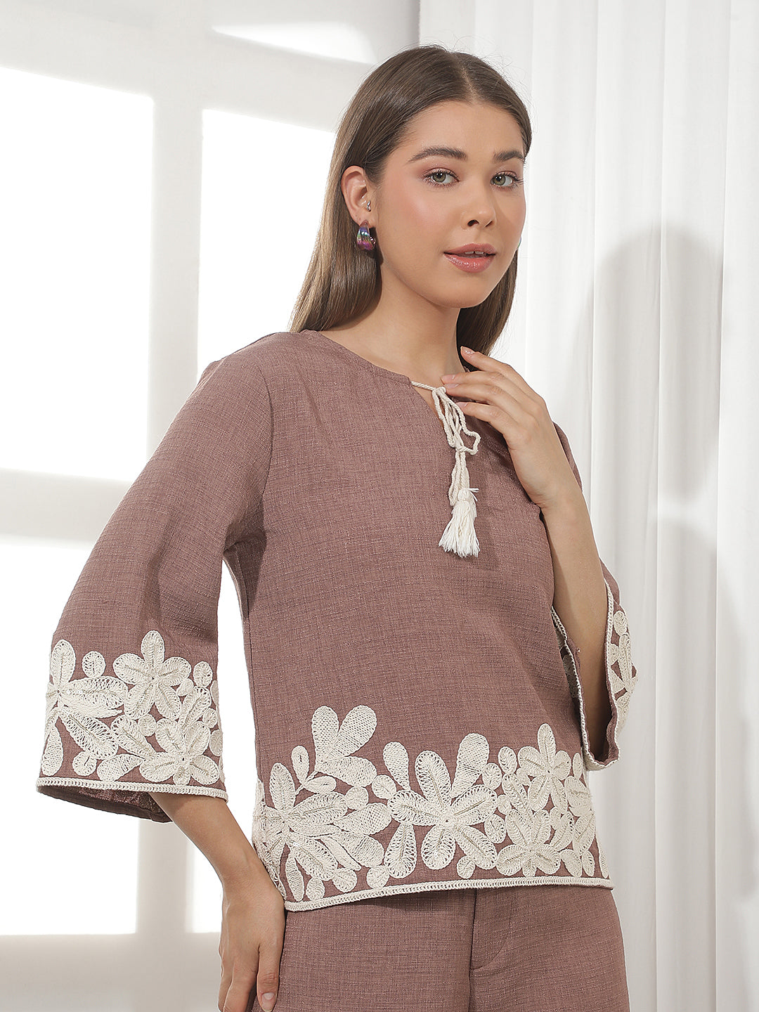 Brown Embroidered 100% Cotton Top