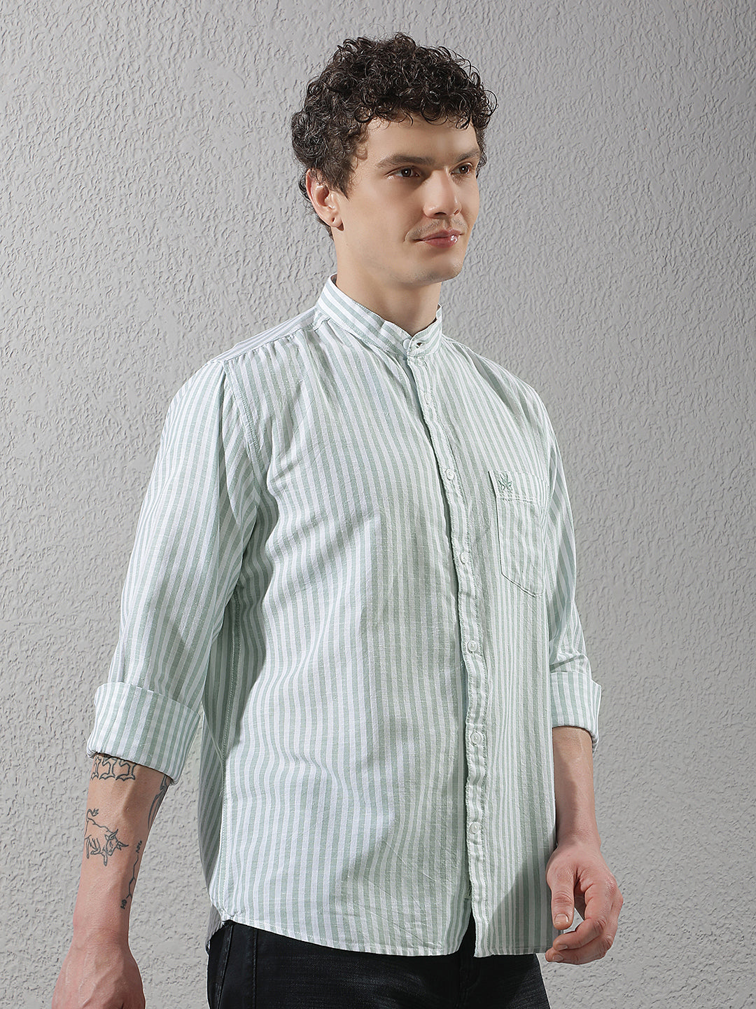 Green Linen Verical Stripes Shirt