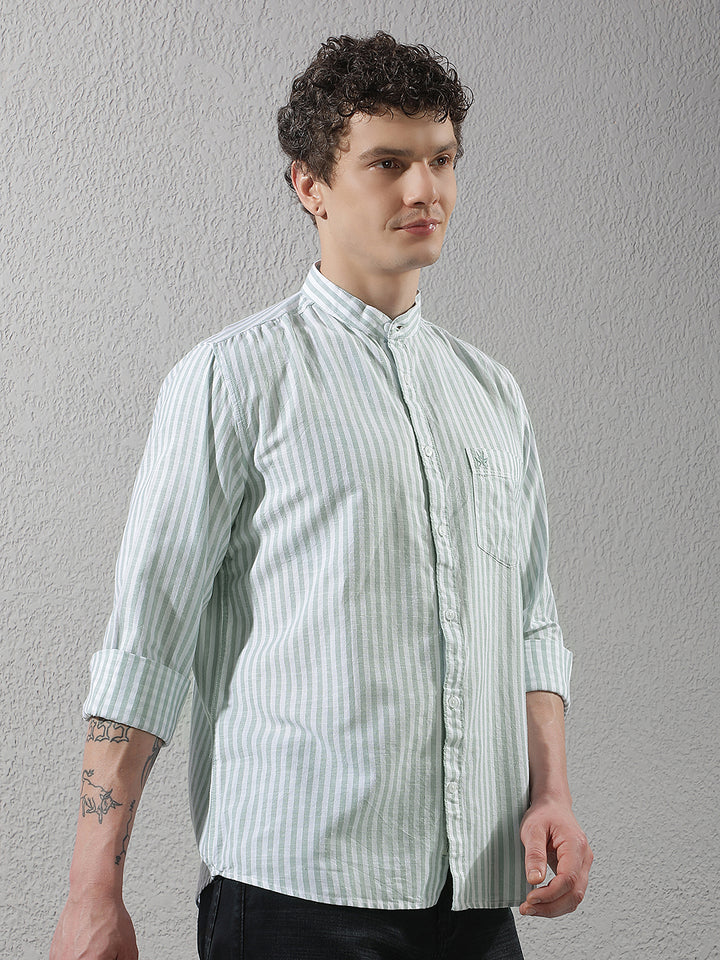 Green Linen Verical Stripes Shirt