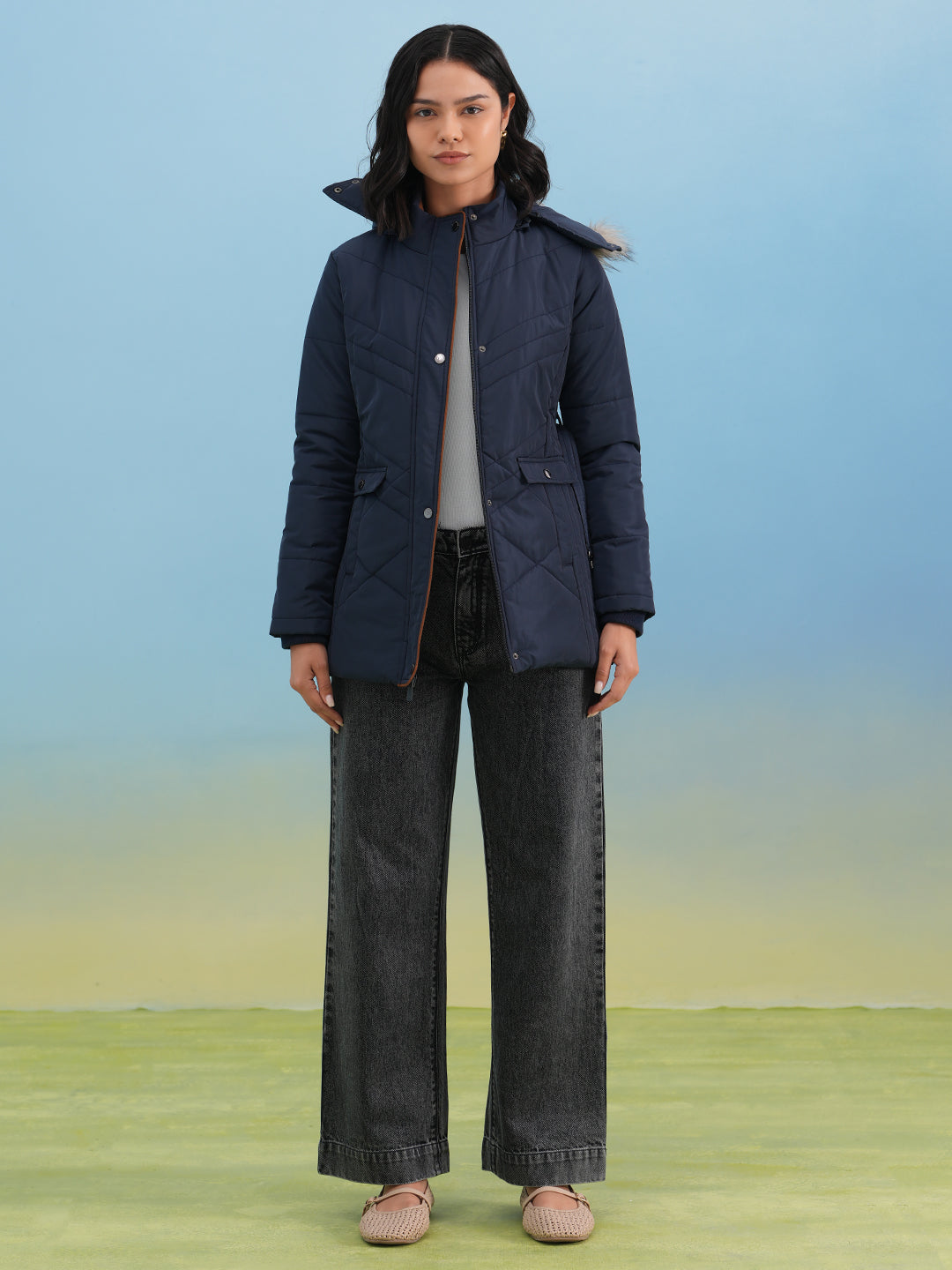 Navy Blue Hooded Neck Quilted Belted Jacket