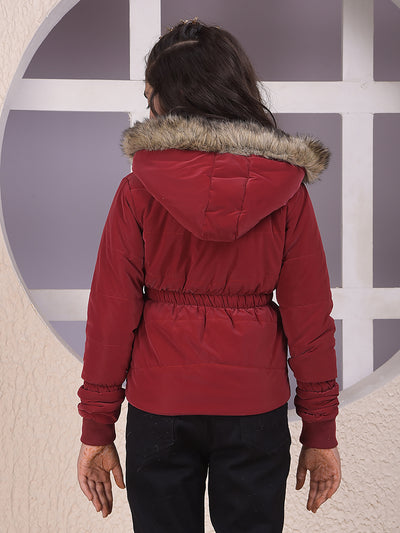 Red Hooded Neck Puffer Jacket