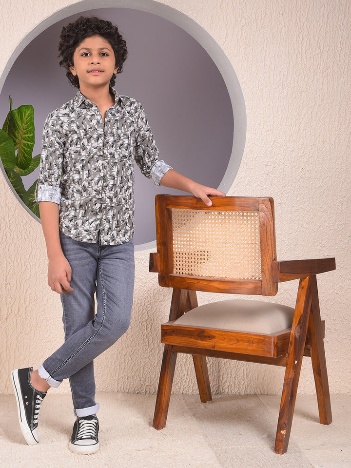 Soft-Hue Grey Floral Print Shirt