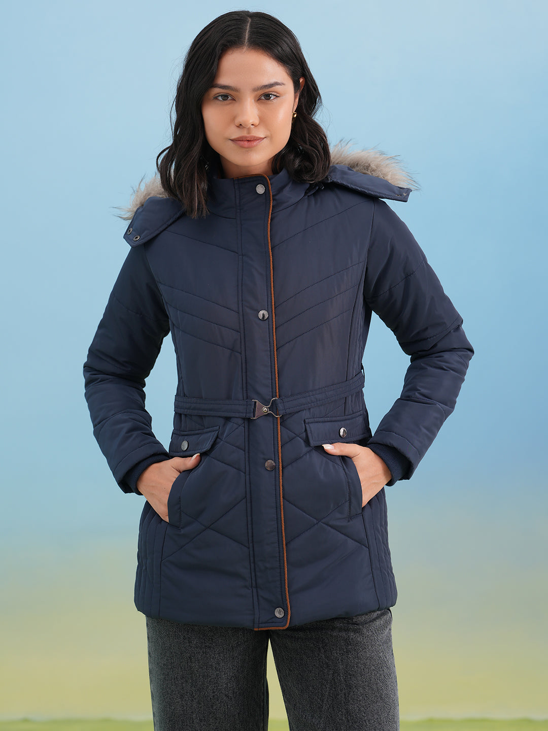 Navy Blue Hooded Neck Quilted Belted Jacket