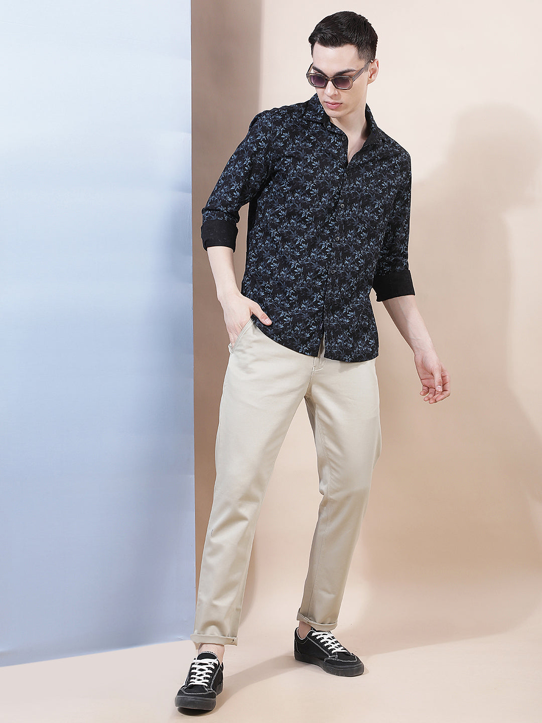 Navy Blue Floral Print Shirt
