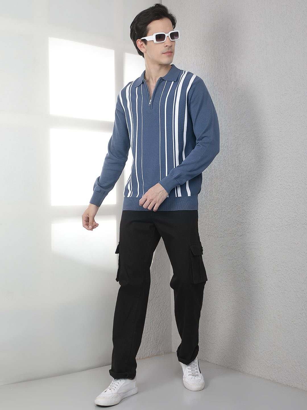 Blue Vertical Striped Polo Neck 100% cotton Sweater