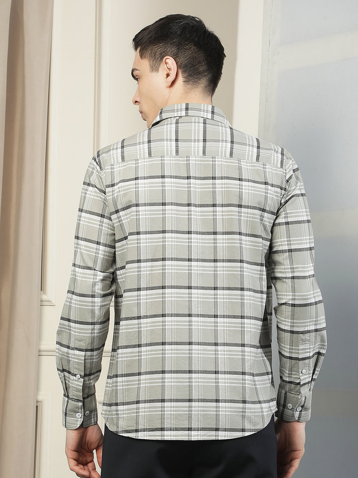 Grey Checked Button-Down Collar 100% Cotton Shirt