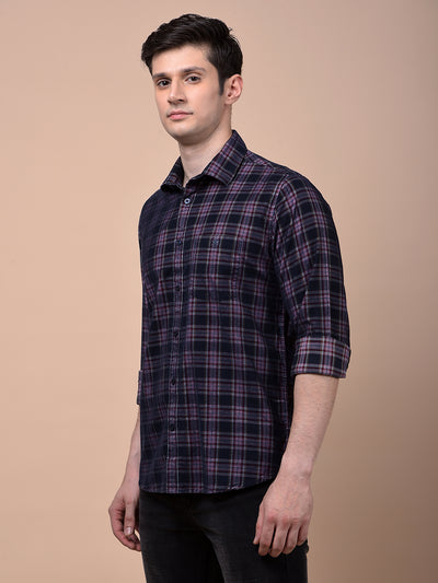 Navy Blue Checked 100% Cotton Corduroy Shirt
