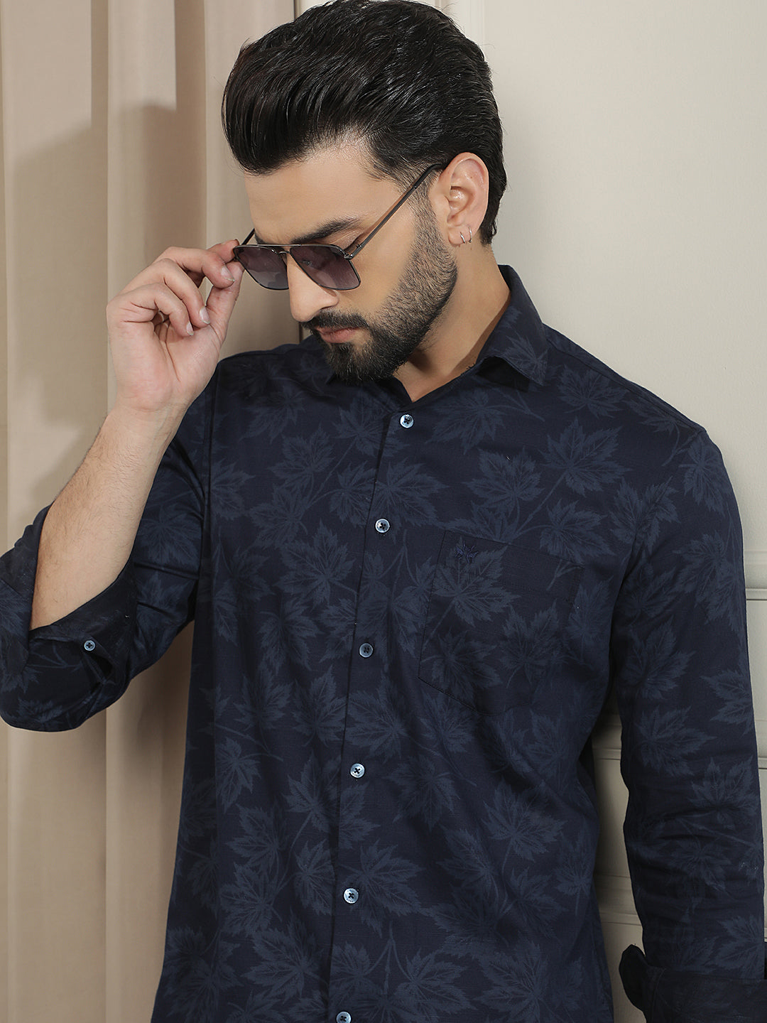Navy Blue Floral Print Shirt