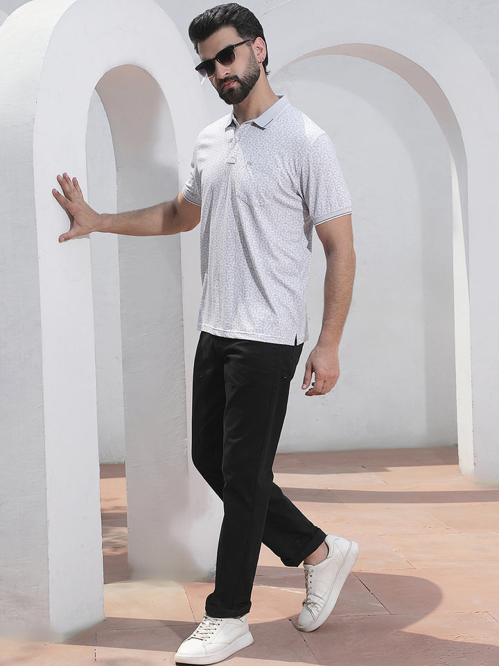 Grey Printed Polo Neck T-Shirt