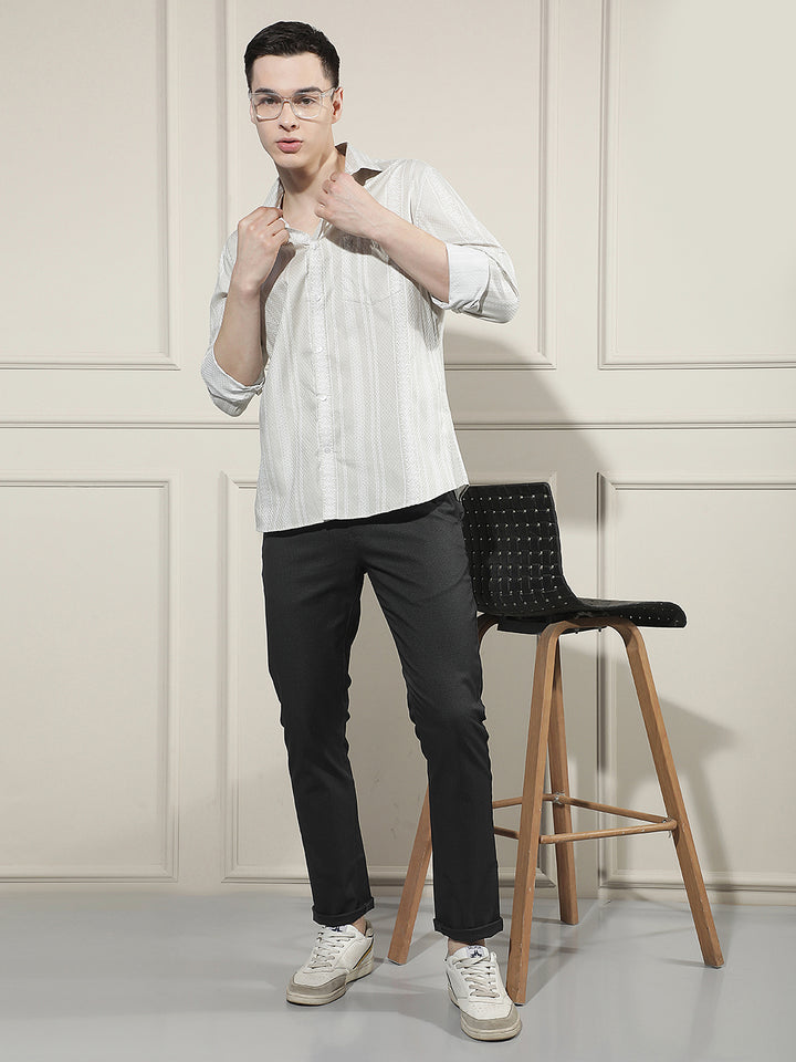 Beige Vertical Striped 100% Cotton Shirt