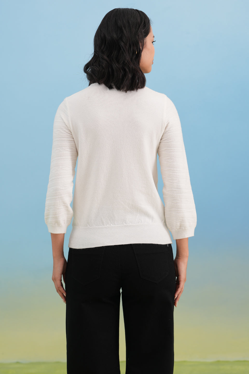 White Minimal Jacquard Knit Sweater