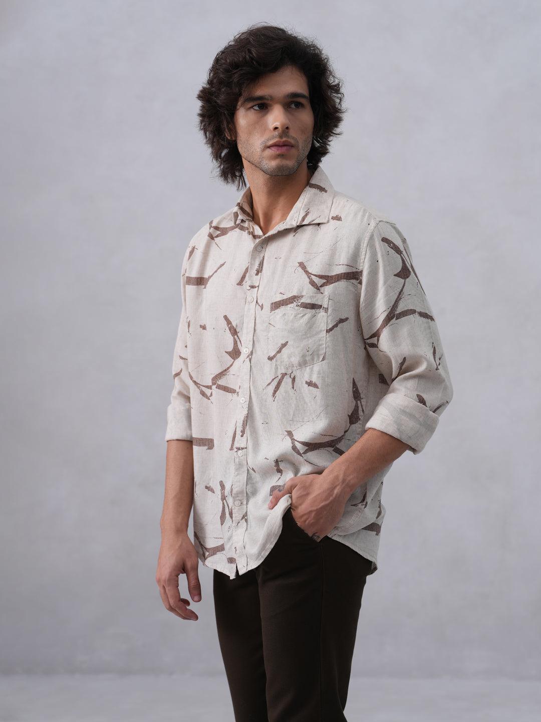 Sleek Brown Printed Linen Shirt