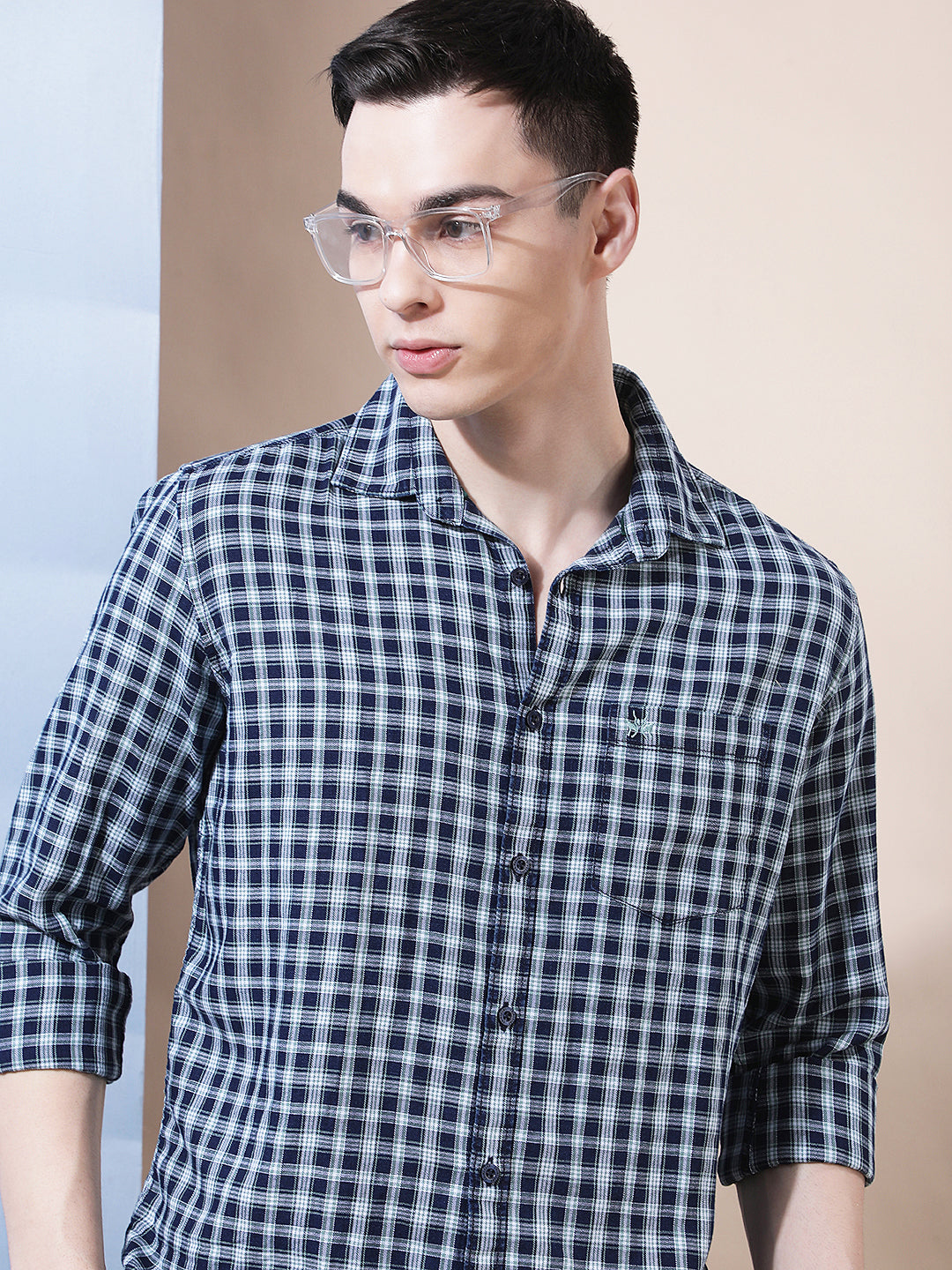 Navy Blue 100% Cotton Checked Shirt