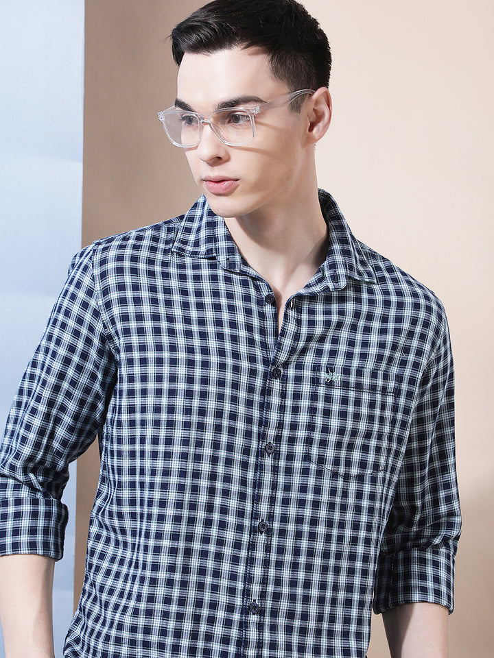 Navy Blue 100% Cotton Checked Shirt