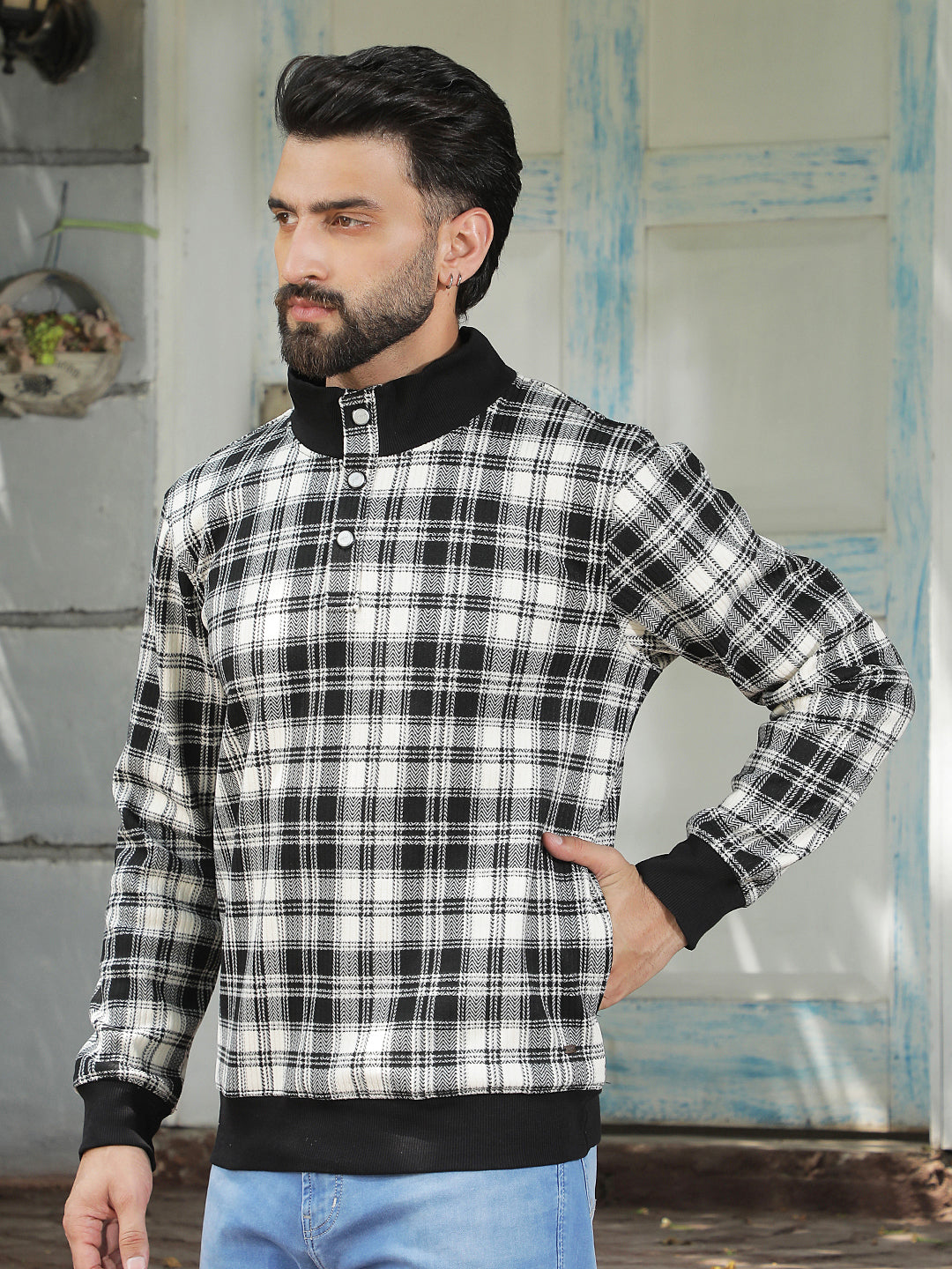 Black Checked High Neck Sweatshirt
